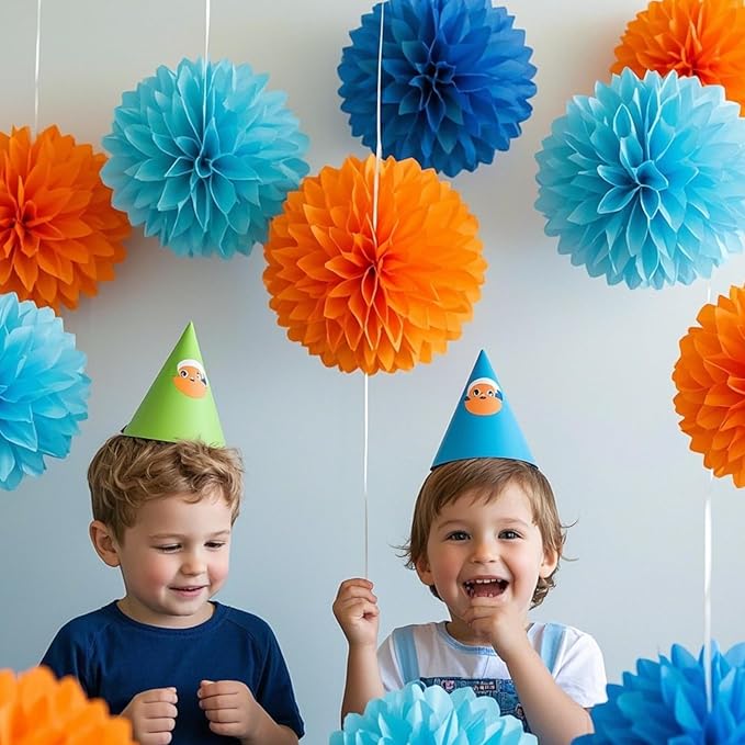We Moment Paper Pom Poms - Orange & Blue Light Decorations for Wedding, Birthday & Party - 12pcs, 4 Colors, 12 & 10 Inch