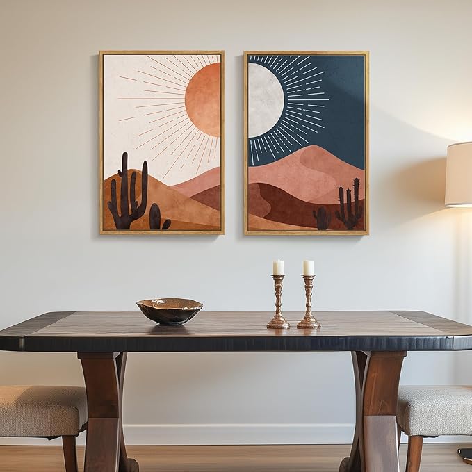 Framed Boho Sun and Moon Wall Art for Room Decor, Set of 2 Desert Cactus Landscape Artwork, Mid Century Modern Bohemian Paintings Prints for Living Room Bedroom Office Hallway Wall Decor, 16x24 Inch