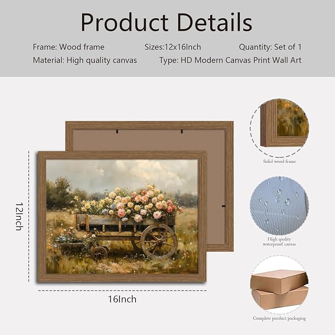 Framed Rustic Floral Wagon Canvas Wall Art Vintage Farm Cart Flower Painting Country Landscape Picture Print for Living Room Bedroom Farmhouse Decor12x16in