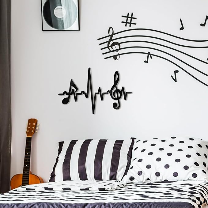 Blulu Metal Music Notes Wall Decor Sign Vintage Musical Heartbeat Wall Art Hanging Note Sign Treble Clef Decorations for Studio Bedroom Gallery Bar Birthday Party 15.75 x 9.04 Inches(Black)