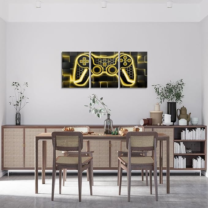 Feelyou Gamer Canvas Wall Art for Living Room 12"x16" 3 Piece Yellow and Black Picture Wall Decor Gaming Ombre Office Wall Decorations Artwork Posters Geometric Square Wall Painting