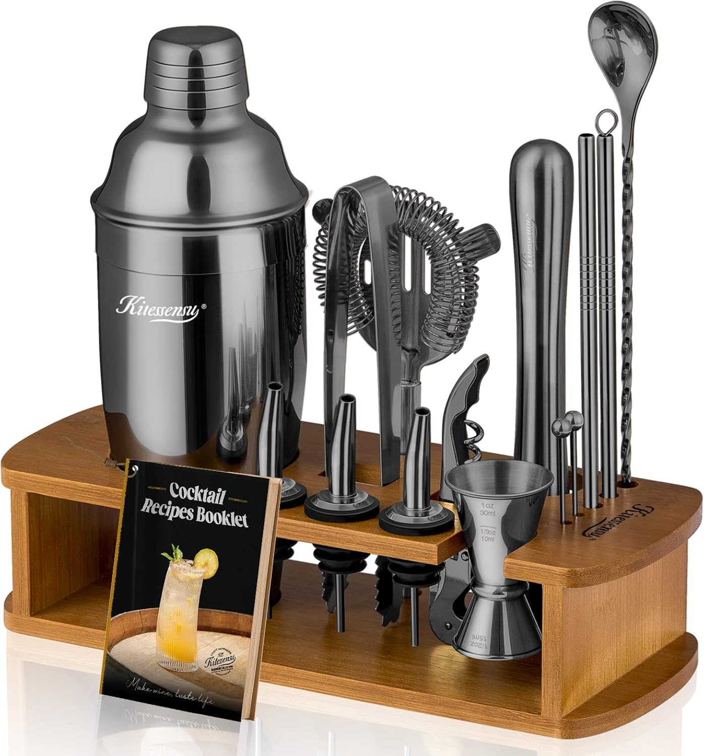 KITESSENSU Cocktail Shaker Set Bartender Kit with Stand | Bar Set Drink Mixer Set with All Essential Bar Accessory Tools: Martini Shaker, Jigger, Strainer, Mixer Spoon, Muddler, Liquor Pourers | Black
