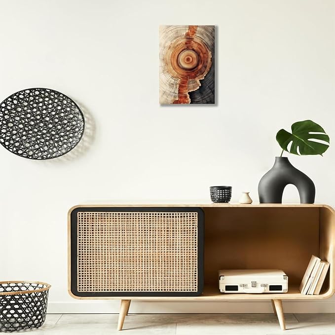 IBHJSART Framed Tree Ring Canvas Wall Art Vintage Colorful Wood Stump Painting Prints Modern Minimalist Pictures Neutral Nature Rustic Farmhouse Decor Living Room Bedroom Bathroom Office