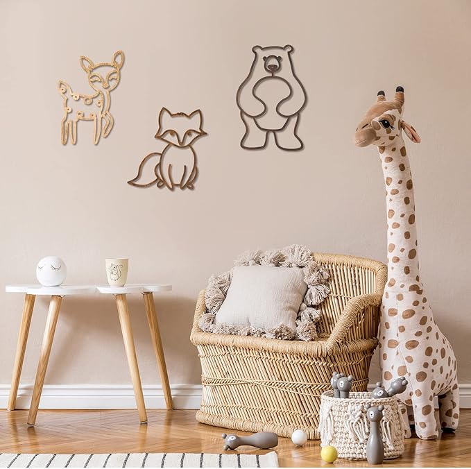 Yulejo Nursery Wall Decor 3 Pieces Jungle Theme Nursery Decor Wooden Animal Wall Decor Woodland Safari Wall Decor with Glue Points for Bedroom Decor (Deer, Bear, Fox)