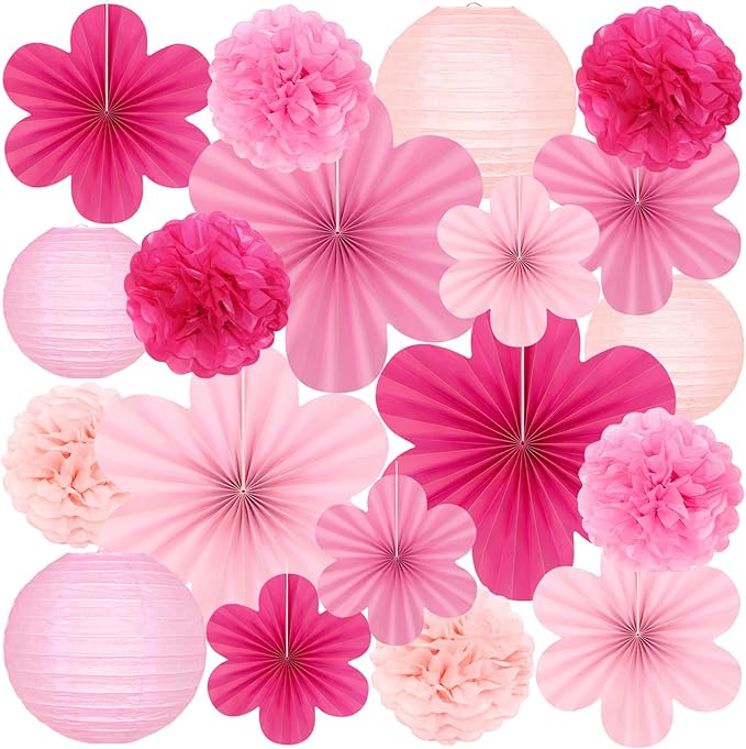 19 Pcs Pink Party Decorations, Light-Hot Pink Hanging Paper Lanterns, Paper Flowers Fans, Tissue Pom Poms, Floral Backdrop Wall Decor for Birthday Baby Showers Bridal Wedding Valentines Classroom