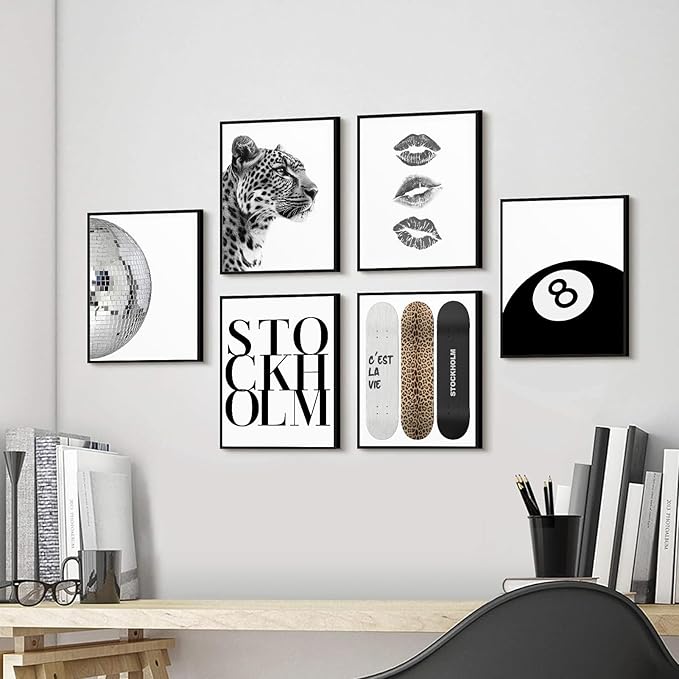 Framed Fashion Trendy Leopard Wall Art Set of 6 Stockholm Preppy Room Painting Picture Wall Decor Black White Aesthetic Cheetah Poster Print Artwork for Girls Bedroom Dorm Apartment Home Decoration