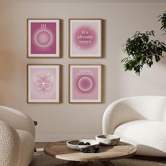 PLKMN Y2K Posters Set of 4, Pink Aura Energy Wall Decor, Gradient Feminine Art Prints for Girls Bedroom, Dorm Room Decoration, 8x10 Inch, Unframed