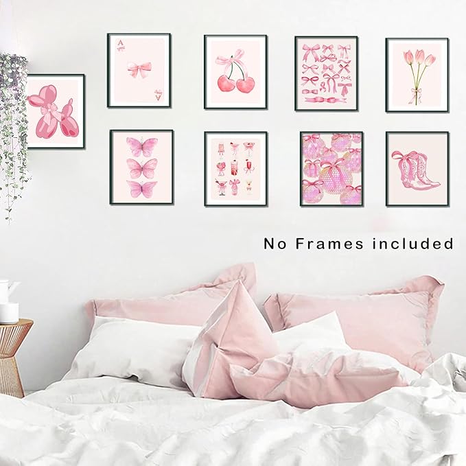Ucninvd Pink Bow Wall Art Posters Set of 9 Trendy Coquette Preppy Wall Decor Paintings Disco Ball Girly Room Decor Aesthetic Canvas Pictures Prints for Bathroom Living Room Dorm 8x10Inch Unframed