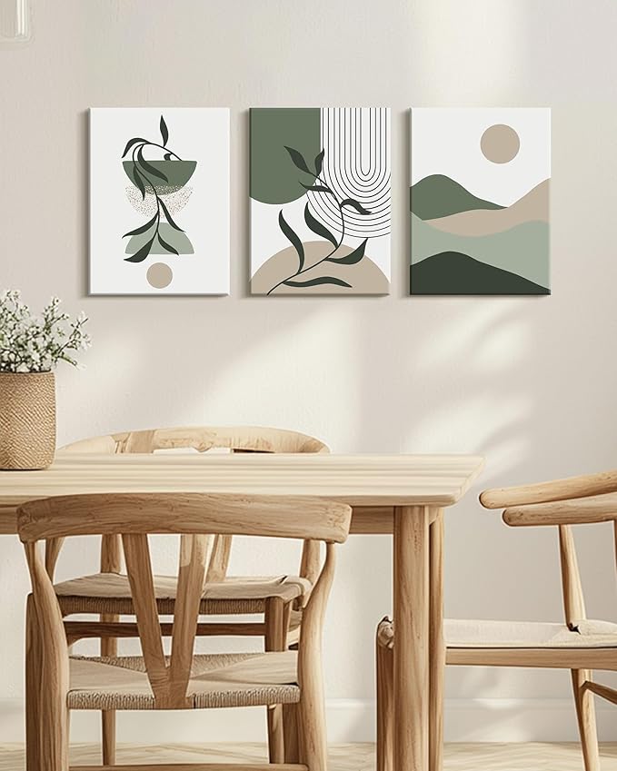Drsoum Green Botanical Boho Wall Art Framed Modern Sage Bohemian Plant Wall Decor Abstract Geometry Lines Artwork Hallway Bedroom Prints Ready to Hang 12x16in Framed