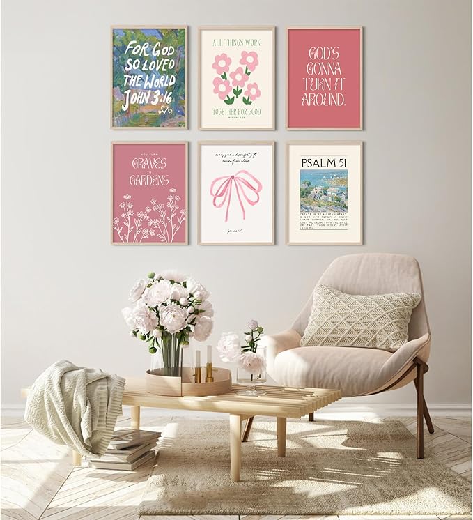 Bible Verse Wall Art Christian Canvas Wall Decor Aesthetic Scripture Wall Art Preppy Religious Posters Jesus Painting Floral Bow Pictures Vintage Prints for Living Room Bedroom 12x16x6 Inch Unframed