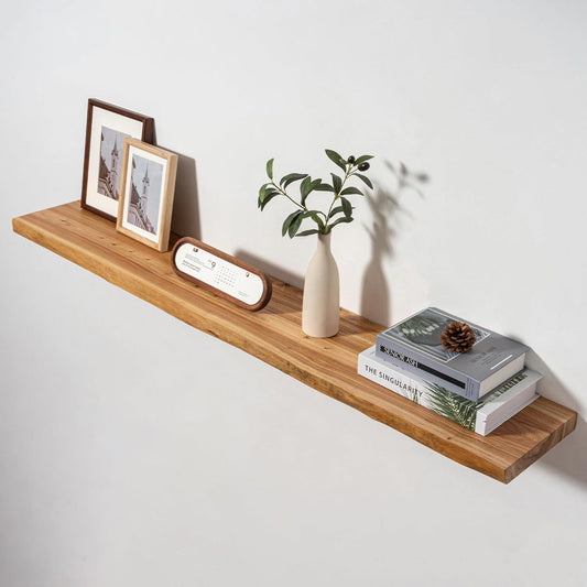 Axeman 55 inch Floating Shelves for Wall - 8'' D Live Edge Rustic Solid Elm Wood Floating Shelves Wall Mounted, Hanging Shelves with Invisible Bracket for Living Room Bedroom Kitchen, Natural