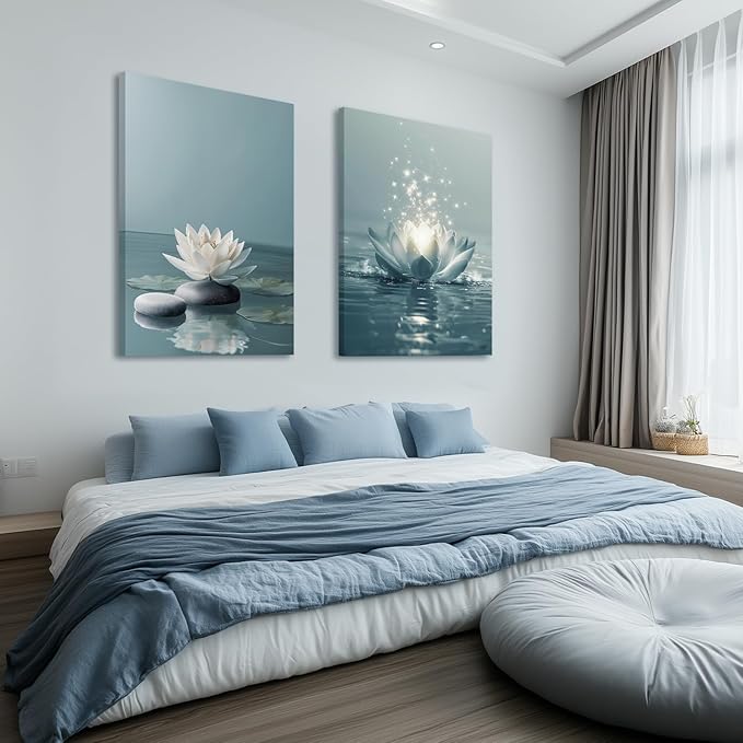 GELDSTEI Calm Zen Botanical Canvas Wall Art, White Lotus Blooming on Stones in Water Aesthetic Pictures, Yoga Spa Meditation Room Decor, Modern Spiritual Poster Prints for Zen Office Framed Set of 3, Each 16x24 Inch