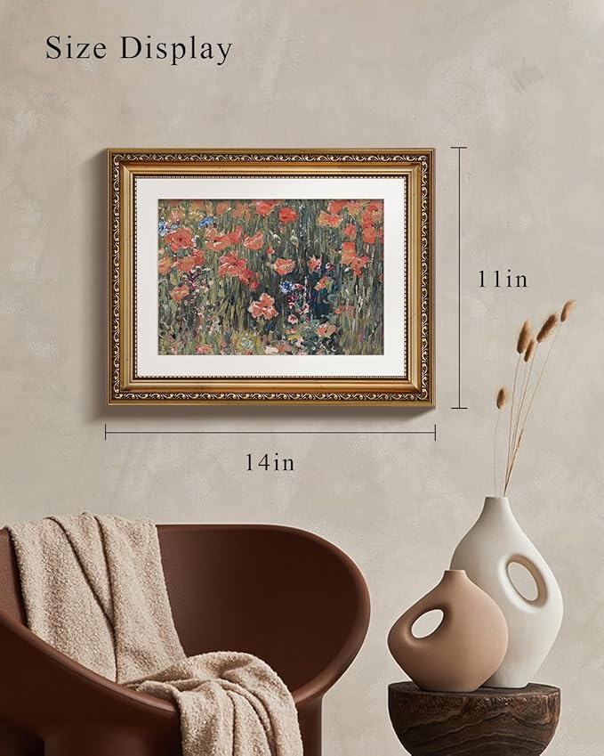 VIYYIEA Gold Framed Impressionist Wildflower Meadow Canvas Wall Art, Vintage Floral Painting for Sophisticated Living Room or Master Bedroom | Lightweight No-Glass Design | 11x14 Inch