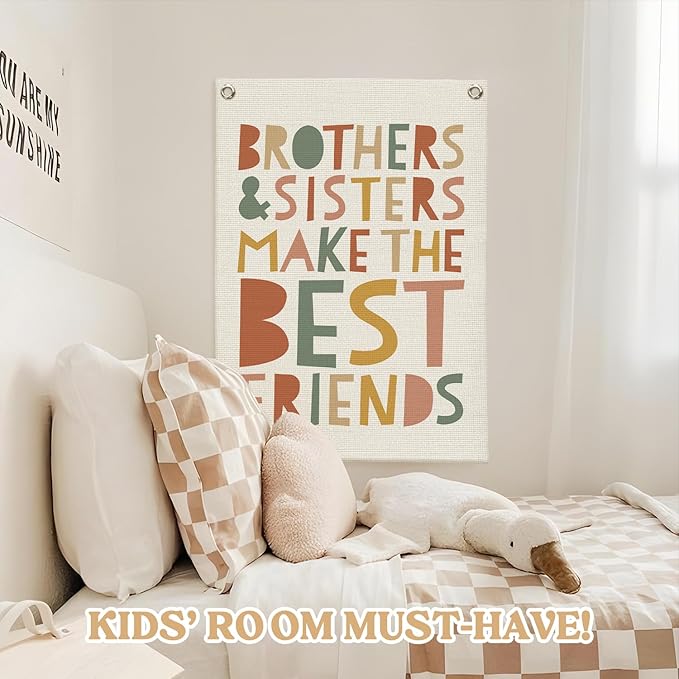 Kids Room Decor Linen Canvas Banner,Brothers & Sisters Make the Best Friends Wall Hanging Pennant Flag for Nursery,Bedroom,Playroom,Game Room Front Door,18x25 Inch