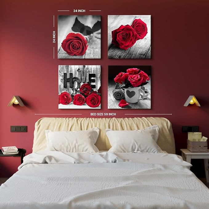 Red Rose Wall Art Red and Black Wall Decor for Living Room Master Bedroom Rustic Farmhouse Flowers Canvas Prints Floral Picture Love Themed Painting Modern Artwork Bathroom Home Decoration 24x24” 4Pcs