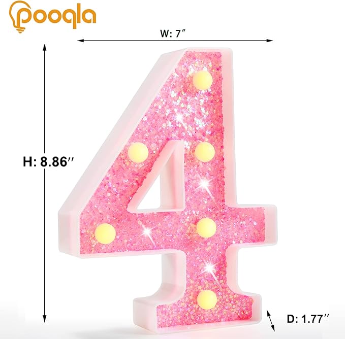 Pooqla Marquee Number Lights, Pink Light Up Numbers for Girls 4th Birthday, Battery Powered Glitter Number Night Light Gift for Christmas Bedroom Dorm Party Decoration, Pink Number 4