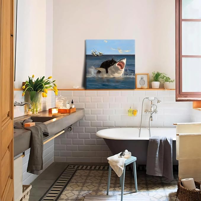 Yaneiro Framed Black Cat Bathroom Wall Art, Funny Quirky Cat and Shark Pictures Canvas Print, Abstract Black Cat Shark Posters Wall Decor for Room Bedroom Living Room Bathroom 20x20 in