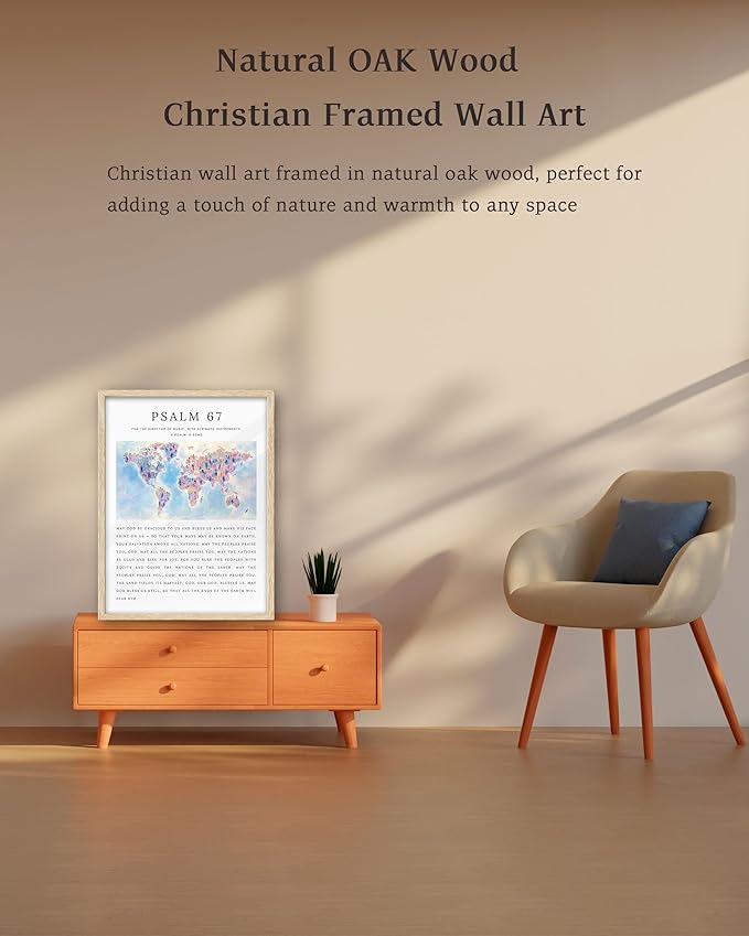 KensTro Natural OAK Wood Nursery Decor Framed Wall Art, 12x16 in Inspirational Christian Bible Verse Canvas Wall Art,God Universal Salvation PSALM 67 Print for Boys Girls Playroom Bedroom Decor 1Pack