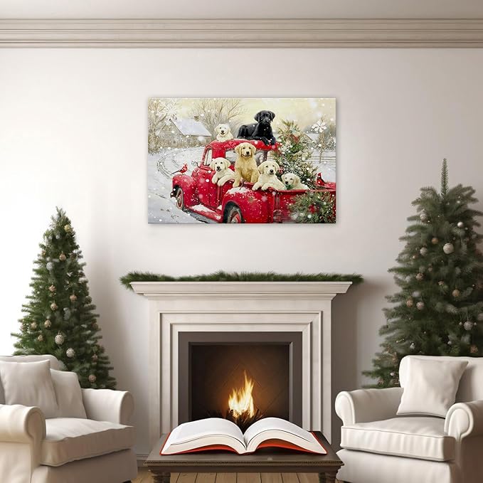 Vintage Red Truck Wall Art Christmas Tree Wall Decor Cute Farmhouse Puppy Pictures Retro Winter Christmas Scenic Poster Rustic Snow Country Artwork for Kitchen Dining Room Home Decorations 24x36"