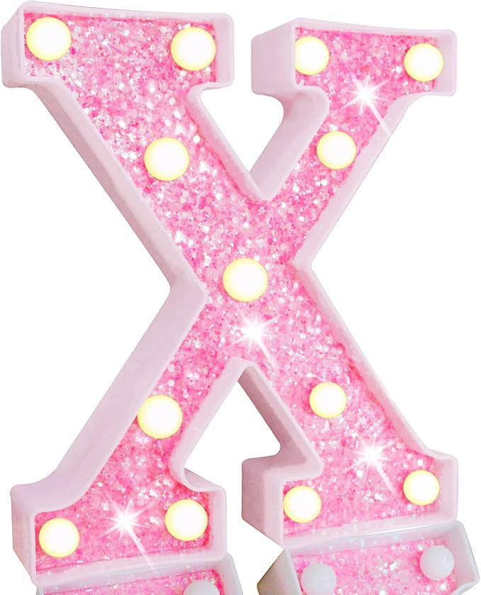 Pooqla LED Marquee Letter Lights, Pink Glitter Light Up Letters Alphabet Sign Battery Powered Night Light, Birthday Party Wedding Girls Gifts, Christmas Room Dorm Bedroom Decoration, Pink Letter X