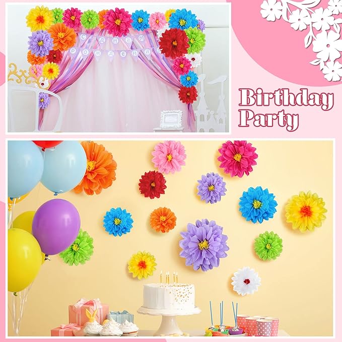 Geyee 81 Pcs Mexican Paper Flowers Fiesta Tissue Paper Flowers Colorful Crepe Flower Mexican Fiesta Party Decorations for Floral Backdrop Carnival Wedding Birthday Party Craft Wall Decor (8" 10" 12")