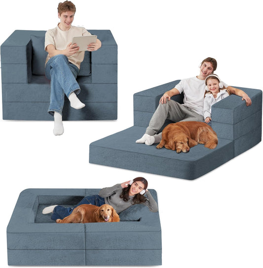 Folding Bean Bag Chair for Adults,3-in-1 Bean Bag Couch Faux Fur Floor Sofa Large Beanbag Convertible Bean Bag Sofa Bed with Pillow in Bedroom,Living Room,Apartment(Twin,Gray)