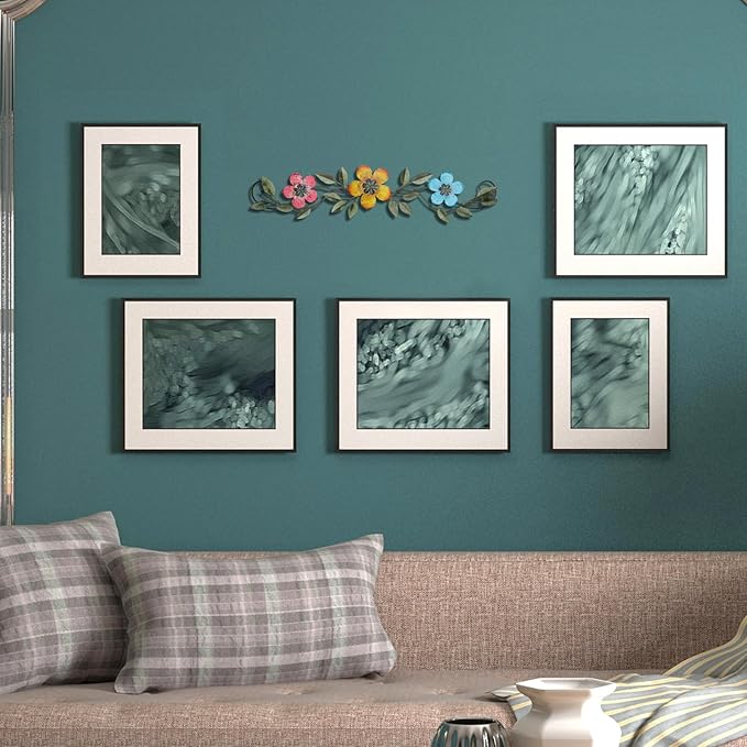 Wesiti Metal Flower Wall Decor Vintage Spring Metal Flower Wrought Iron Scroll Sculpture 15.7''x3.7'' Farmhouse Leaves Wall Decor with Nails for Spring Living Room Bedroom Indoor Outdoor(Bright Color)