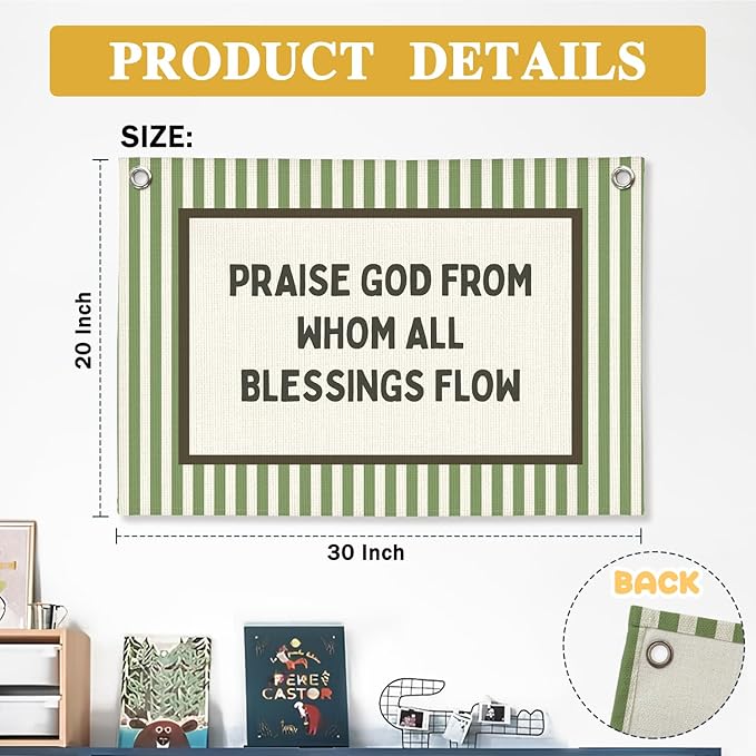 Christian Nursery Decor, Kids Room Decor Linen Canvas Banner,Green Bedroom Wall Hanging Decor for Kids Room Playroom Classroom Homeschool Art, 30x20 Inch
