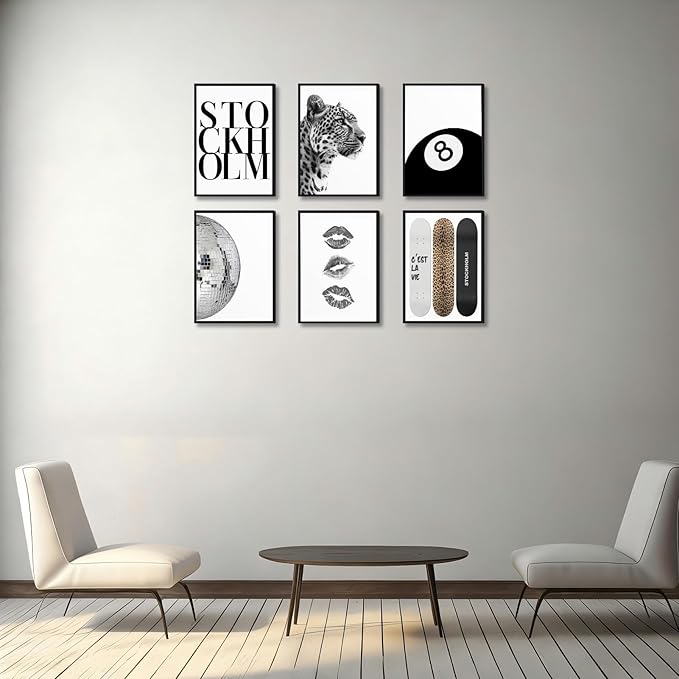 Framed Fashion Trendy Leopard Wall Art Set of 6 Stockholm Preppy Room Painting Picture Wall Decor Black White Aesthetic Cheetah Poster Print Artwork for Girls Bedroom Dorm Apartment Home Decoration