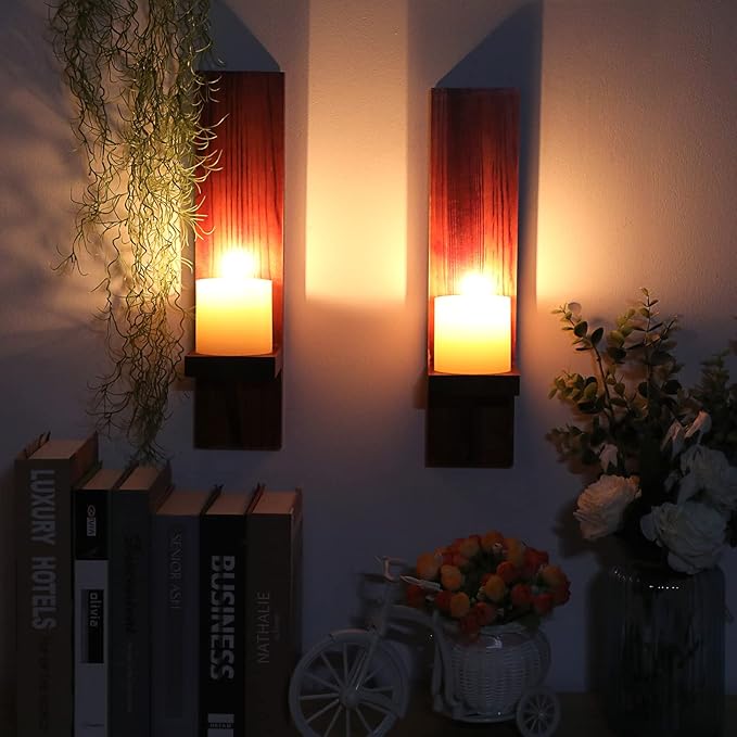 OwnMy Set of 2 Wooden Wall Candle Sconces Rustic Wall Mount Wooden Pillar Candle Sconces, Brown Farmhouse Wall Candle Sconce Vintage Hanging Candle Holders Decors for Living Room