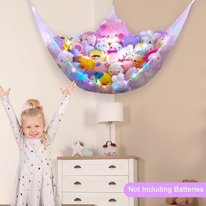Unicorn Castle Stuffed Animals Net or Hammock Kids Toy Storage Organizer with LED Light Hanging Corner Stuffed Animals Holder Kids Girls Room Decor,White,XLarge (Pack of 1)