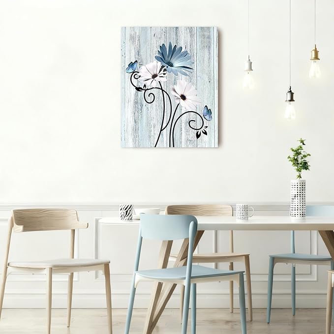 HVEST Blue Floral Canvas Wall Art Blue and White Daisy Butterfly Bathroom Pictures Wall Decor, Rustic Farmhouse Botanical Wall Art for Living Room Bedroom Home Office Decor, 12L x 16W Inches
