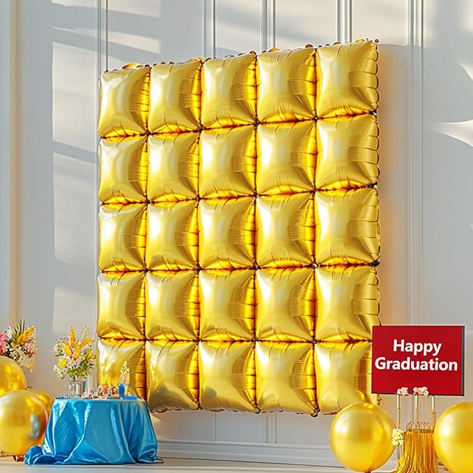 NISOCY 25PCS Gold Square Foil Balloons Wall Backdrop Metallic Double Sided Gold Christmas Balloons Tunnel Arch Kit for New Year Birthday Anniversary Graduation Party Decorations