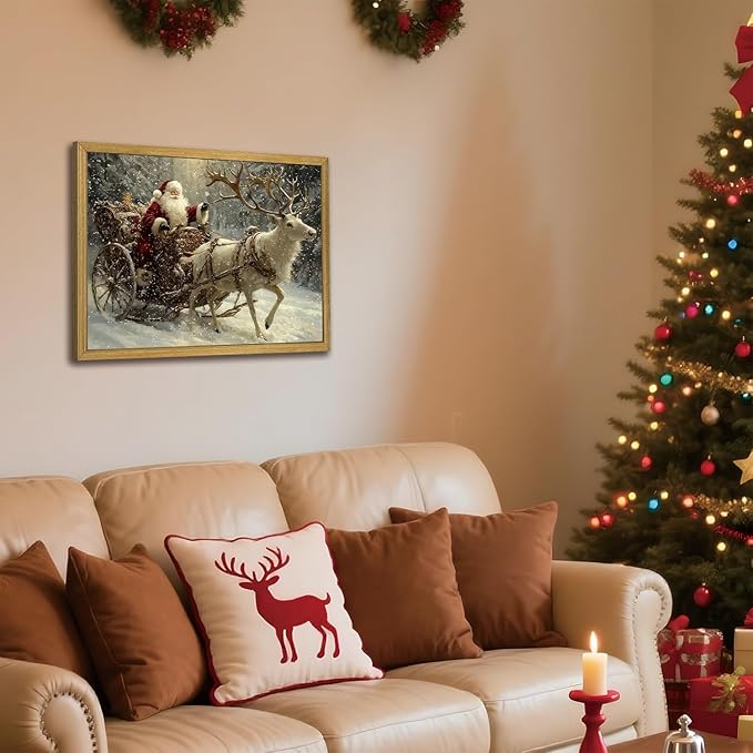 Wood Framed Vintage Santa Claus Sleigh Wall Art, Classic Christmas Reindeer Canvas Print Painting, Christmas Wall Decor Ornaments Picture for Living Room Bedroom Kitchen Xmas Home Decor 16x24 Inch