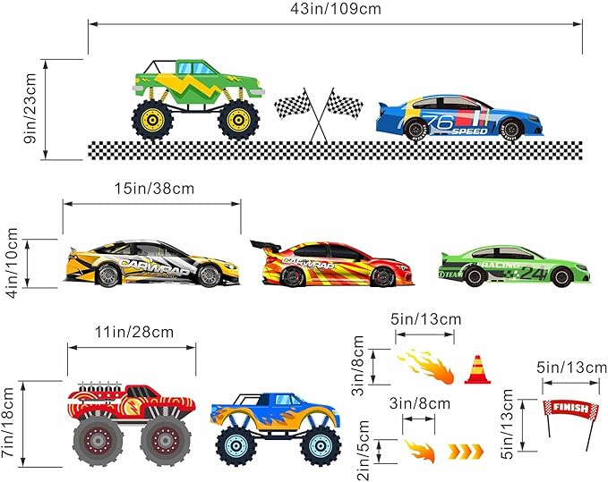 Car Wall Decals for Boys Kids: Racing Cars Theme Peel and Stick Removable Vinyl Wall Stickers for Boys Room Kids Bedroom Walls Decor Ages 1-12 Years