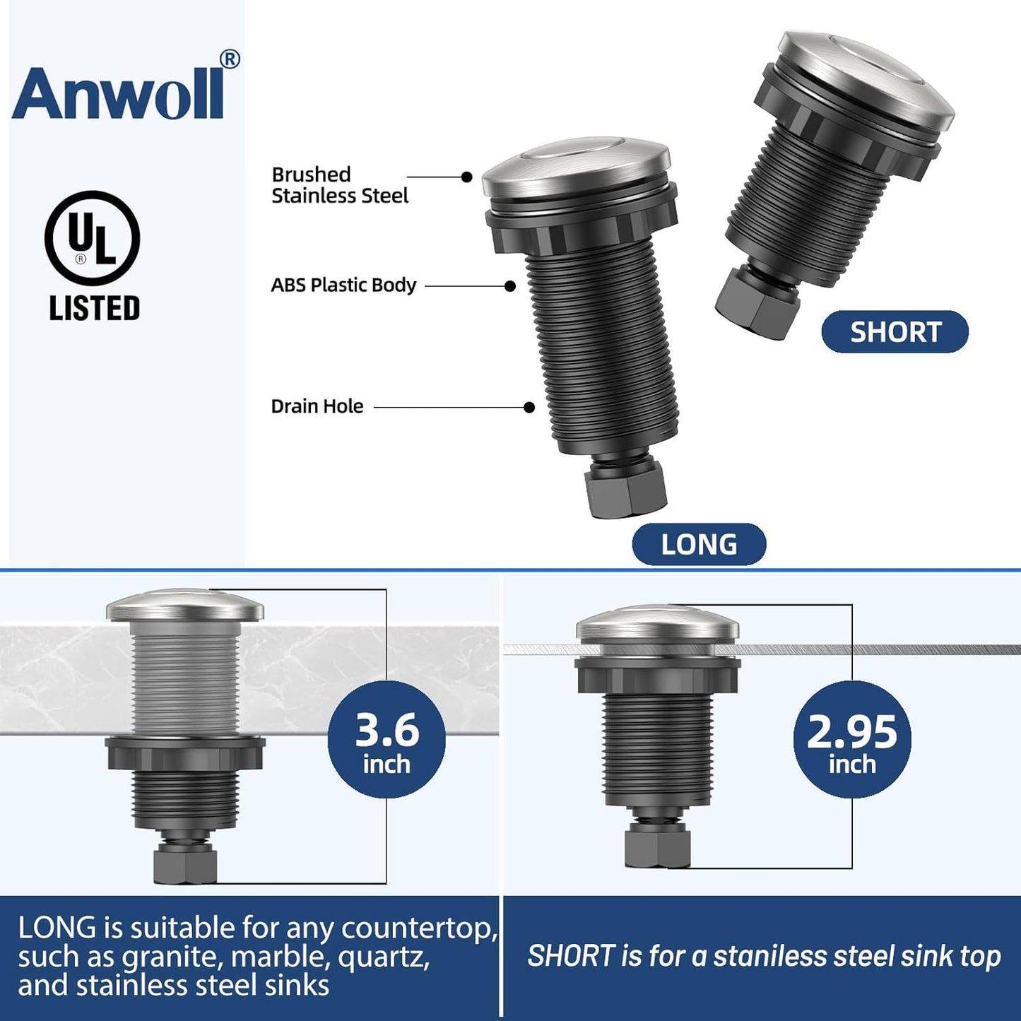 Garbage Disposal Air Switch Kit -Professional- Dual Outlet, Sink Top Waste Disposer On/Off, Garbage Disposal Button, UL Listed