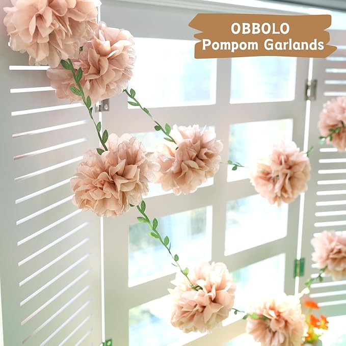 2 Pcs Dusty Pink Flower Garland for Bridal Shower Decorations, Baby Shower Decorations for Girls, Pom Pom Garland, Paper Flowers Party Decorations for Birthday