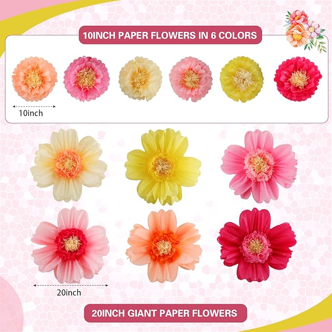 Crowye 24 Pcs Large Colorful Tissue Paper Flowers Decorations 20" Giant Fiesta Craft Crepe Paper Flowers for Wall Decor Backdrop Mexican Wedding Birthday Carnival Party (Fresh Color)