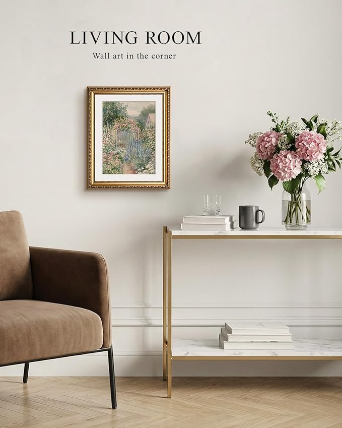 VIYYIEA Gold Framed Impressionist Garden Painting Wall Art, Watercolor Floral Landscape Art for Classic Wall Decor | Elegant Aesthetic, Glass-Free Glare-Proof Design, Lightweight Canvas | 13x16 Inch
