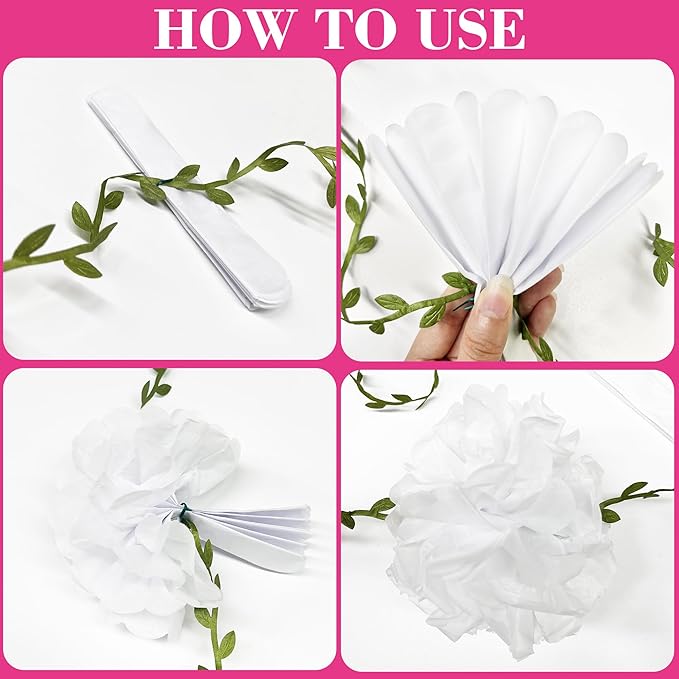 Hot Pink White Party Decorations Ombre Pink White Tissue Paper Flowers Pom Pom Leaf Ribbon Hanging Streamer Garland for Women Girls Birthday Bachelorette Baby Shower Wedding Flamingo Party Supplies