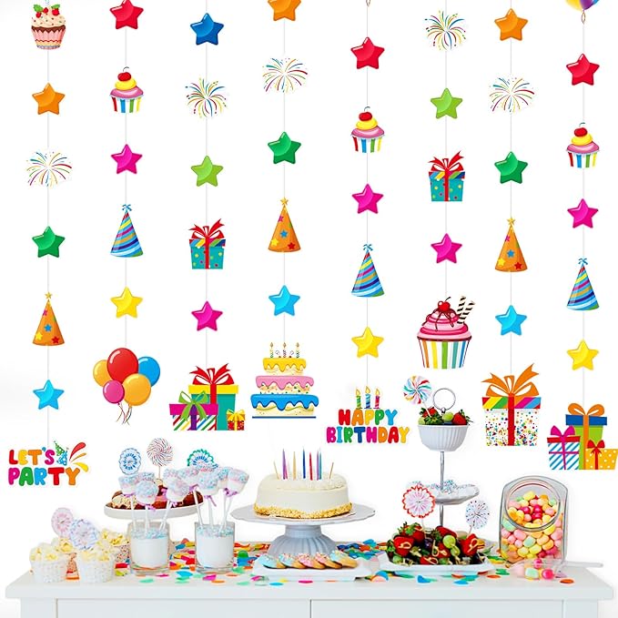 8 Pcs Happy Birthday Party Decorations Let's Party Garland Streamers Colorful Rainbow Birthday Theme Hanging Paper Cutouts Banner for Wall Backdrop Classroom Door Ceiling Decorations Supplies