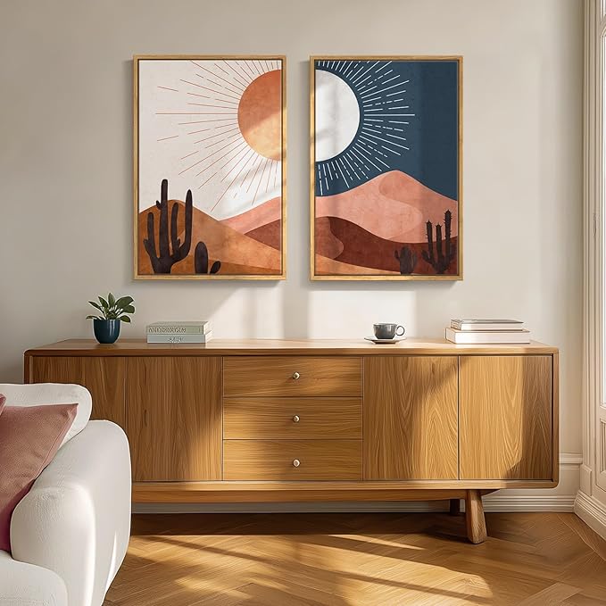 Framed Boho Desert Wall Art for Room Decor, Set of 2 Sun and Moon Cactus Landscape Artwork, Mid Century Modern Bohemian Paintings Prints for Living Room Bedroom Office Hallway Wall Decor, 20x30 Inch