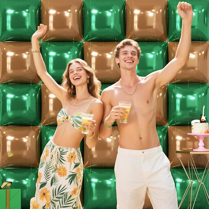 NISOCY 25PCS Dark Green and Brown Square Foil Baloons Wall Backdrop Double Sided Dark Green and Brown Balloons Arch Kit for Anniversary Birthday Thanksgiving Christmas Jungle Party Decorations