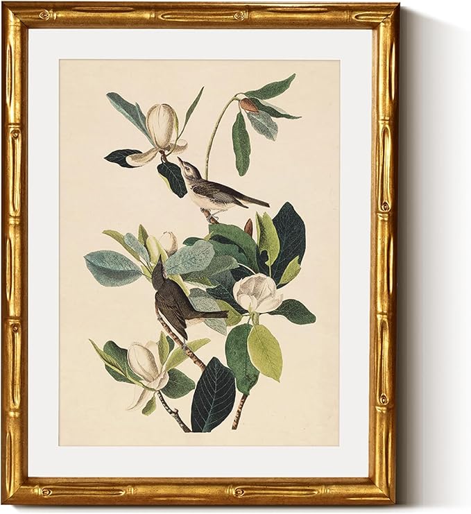 InSimSea Gold Bamboo Framed Canvas Wall Art, Neutral Bird Botanical Paintings, Antique Vintage Picture Frame with Mat, Victorian Home Wall Decor for Living Room Bedroom, 11x14inch