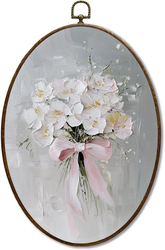 JQF Vintage Cottagecore Floral Oval Wall Decor, Coquette Pink Bow Flower Bouquet Oval Canvas Wall Art, Watercolor Retro Floral Framed Prints Hanging Decor for Home Bedroom Living Room, 8.5x11.5 Inch