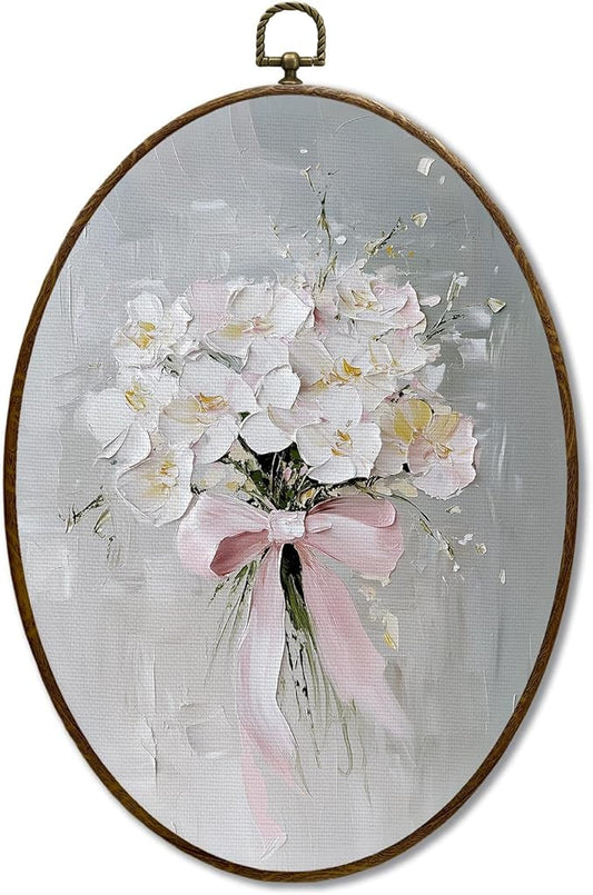 JQF Vintage Cottagecore Floral Oval Wall Decor, Coquette Pink Bow Flower Bouquet Oval Canvas Wall Art, Watercolor Retro Floral Framed Prints Hanging Decor for Home Bedroom Living Room, 8.5x11.5 Inch