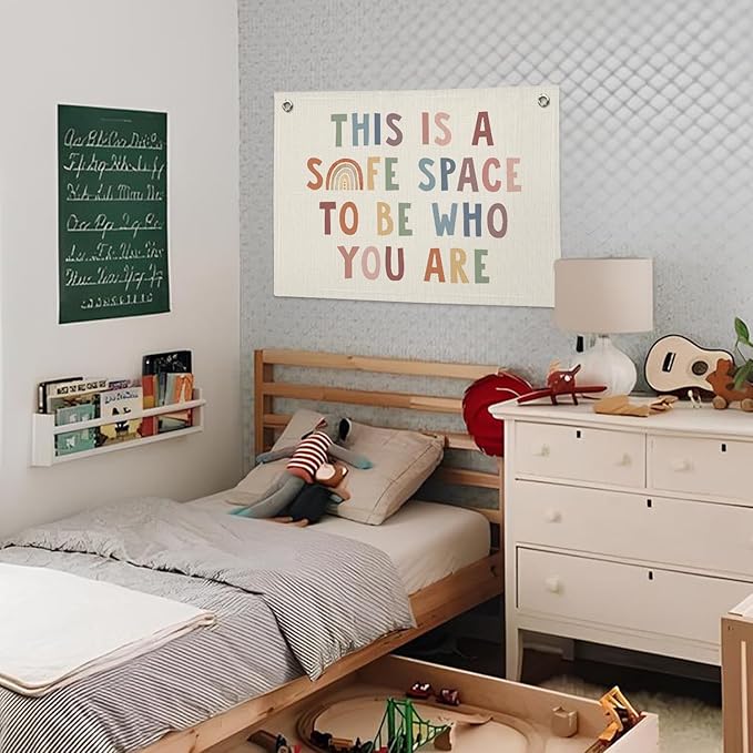 Boho Classroom Decor, This Is A Safe Space Wall Hanging Banner, Therapy Office Wall Linen Wall Hanging Banner Flag Decor for Counseling Office Calming Corner