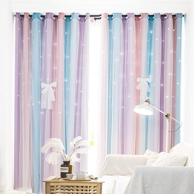 UNISTAR Blackout Stars Kids Curtains for Girls Bedroom Aesthetic Decor Colorful Kawaii Double Layer Star Cut Out Stripe Pink Rainbow Window Wall Home Decoration Curtain,1 Panel,W52 x L84 Inches