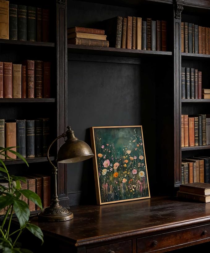 Framed Dark Moody Wildflower Wall Art Vintage Botanical Wildflower Field Floral Poster Print Nature Landscape Aesthetic Picture Wall Decor for Bedroom Living Room Home Decoration 12x16in