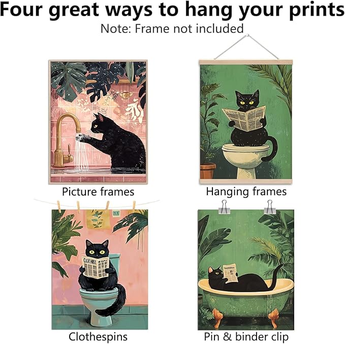 KBKBART Funny Cat Bathroom Wall Art Prints Poster, Black Cat Pictures Bathroom Canvas Wall Decor Toilet Art Vintage Painting Artwork Set of 6 Unframed Posters, 8x10 inches